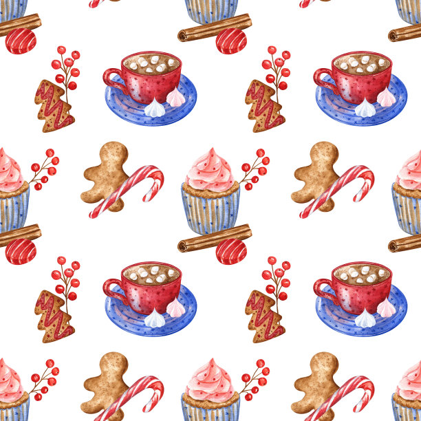 圣诞无缝图案与杯热巧克力，纸杯蛋糕，姜饼饼干，糖果棒和肉桂棒。水彩的元素。图片下载