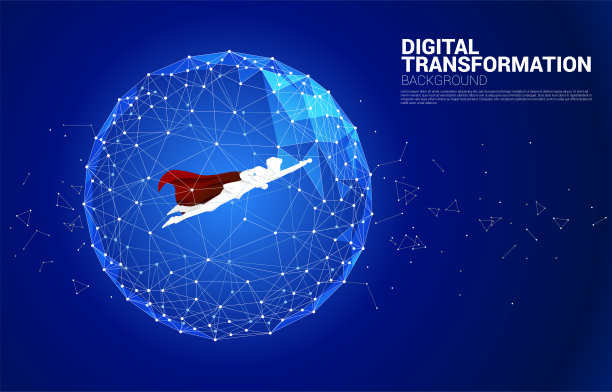 穿着超级英雄服的人的剪影，用多边形点连接线条形状的球体。图片下载