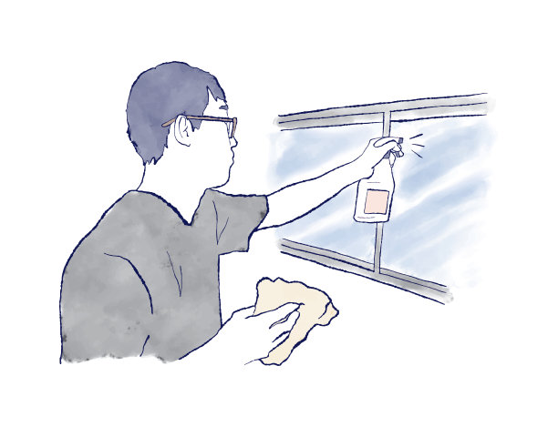 手绘水彩画的一个亚洲人拿着喷枪和清洁窗户的侧面图片下载