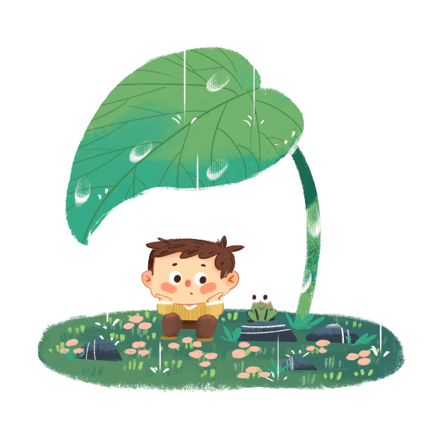 雨水男孩叶子青蛙治愈可爱图片下载