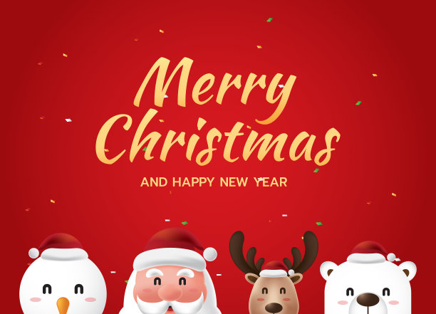红色背景上有圣诞老人、雪人、驯鹿和北极熊图片下载