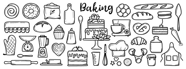 孤立的烘烤。可爱的手绘厨房工具和烘焙食品甜点。矢量插图在黑色轮廓和白色平面上的白色背景。图片下载