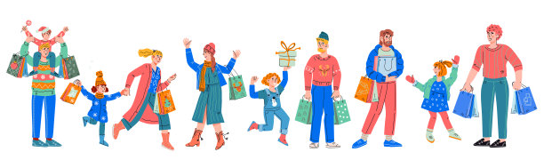 人们忙着圣诞节的琐事——买礼物，平卡通矢量。图片下载
