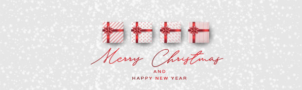 圣诞快乐和新年快乐的横幅或标题。用红色装饰的礼物。冬季假期设计理念。矢量插图。图片下载