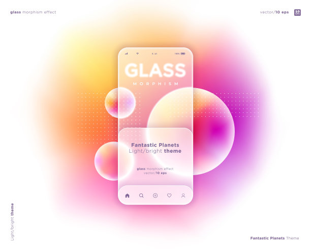 玻璃态射的风格。屏幕的智能手机。应用模板。半透明的磨砂玻璃和抽象的奇异行星。图片下载