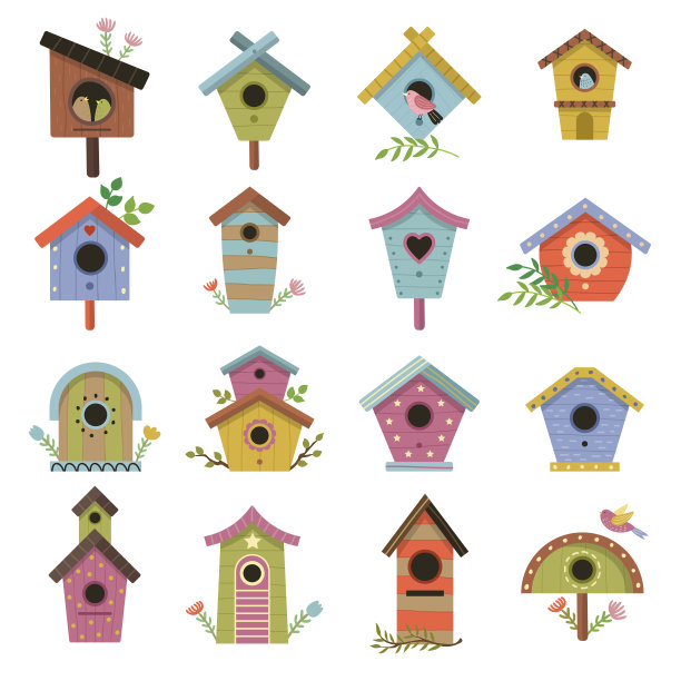 木禽舍。花园小房子树枝上的木制客厅飞行鸟类最近矢量插图图片下载