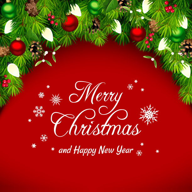 用冷杉树枝、红色和绿色的球、松果和灯做成的圣诞祝福或邀请卡。矢量插图。图片下载