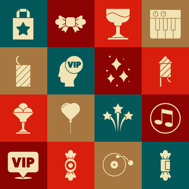 Set Candy, Music note, tone, Firework rocket，鸡尾酒，Vip inside head, Paper shopping bag和图标。向量图片下载