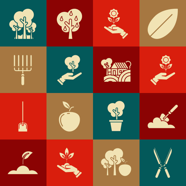 设置园艺手工剪刀修剪，铲子铲地，手捧花，树的环保，耙工作，树和农场的概念图标。向量图片下载