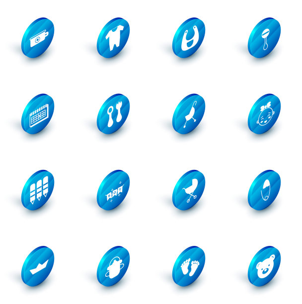 设置婴儿衣服，围兜，拨浪鼓婴儿玩具，日历，蜡笔画，刀叉和勺子，快乐小女孩头和婴儿车图标。向量图片下载