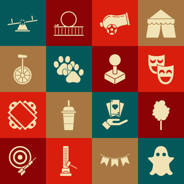 设置鬼，棉花糖，喜剧的戏剧面具，大炮，爪印，独轮车或单轮自行车，跷跷板和操纵杆为街机图标。向量图片下载