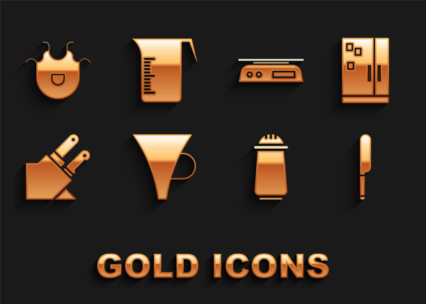 设置漏斗或过滤器，冰箱，刀，盐和胡椒，电子天平，厨房围裙和量杯图标。向量图片下载