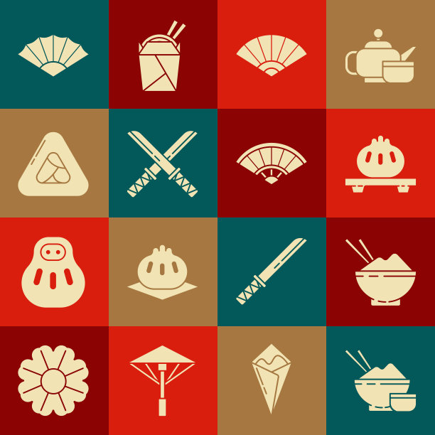 用筷子把米饭放在碗里，饺子在砧板上，纸中国或日本折扇，传统日本武士刀，寿司，和图标。向量图片下载