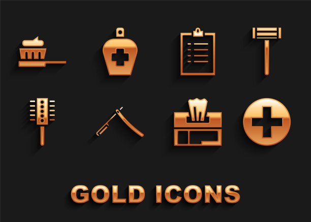 设置直剃须刀，剃须，交叉医院医疗，湿纸巾包，发刷，剪贴板与清单，牙刷牙膏和抗菌肥皂的液体瓶图标。向量图片下载