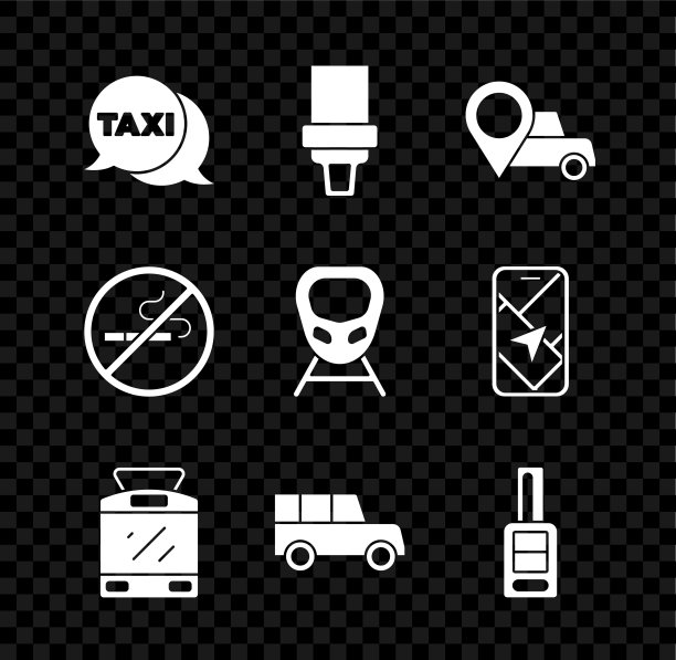 设置出租车呼叫电话服务，安全带，出租车，有轨电车和铁路的位置，汽车，钥匙遥控器，禁止吸烟和高速列车图标。向量图片下载