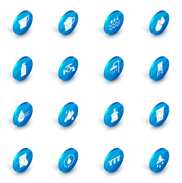 设置有过滤器的水壶，波浪水滴，瓶子，回收干净的水，水龙头，冷却器和淋浴图标。向量图片下载