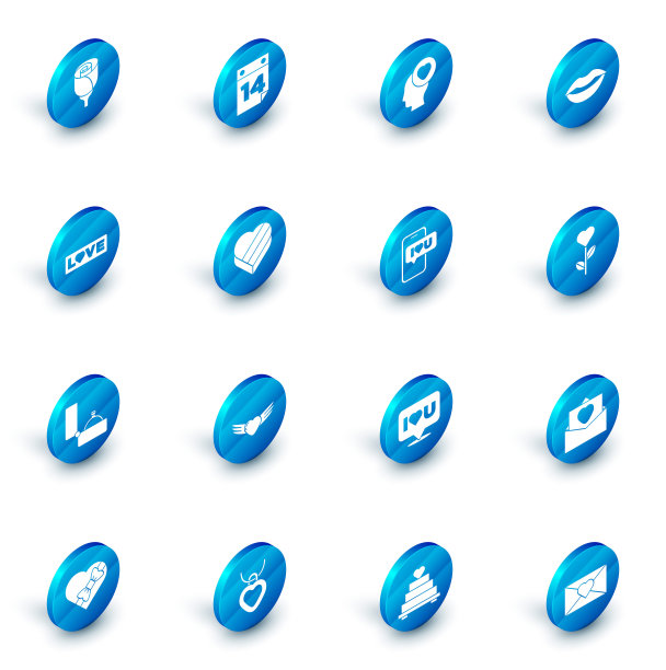 设置日历与2月14日，头的心，微笑的嘴唇，爱的文字，钻石订婚戒指，糖果形状的盒子，心花和移动图标。向量图片下载