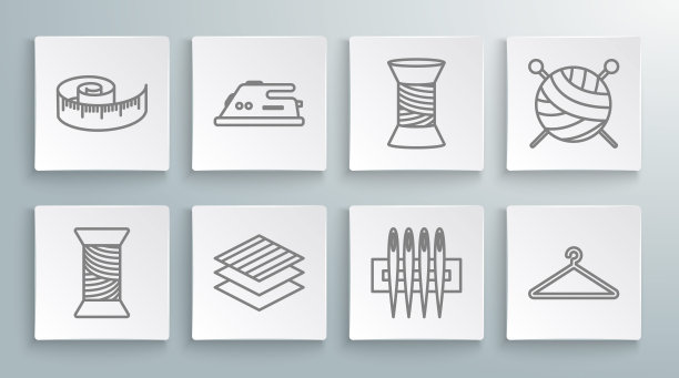 设置线线轴缝纫线，电熨斗，纺织织物辊，缝纫针，衣架衣柜，纱线球与针织针和卷尺图标。向量图片下载