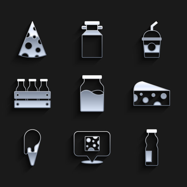 Set Bottle with milk, Cheese, Drinking yogurt in Bottle, Ice cream waffle cone，瓶装木盒，Milkshake和图标。向量图片下载