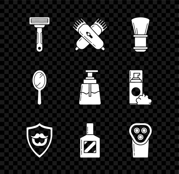 设置剃须剃须刀，交叉电理发剃须刀，刷子，胡子和胡子的盾牌，须后水，电，手镜和图标。向量图片下载