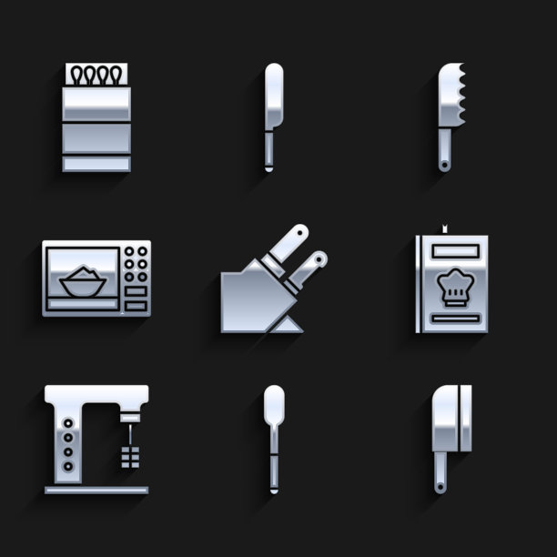 集刀，勺子，肉菜刀，烹饪书，电动搅拌机，微波炉，面包刀和打开火柴盒和火柴图标。向量图片下载