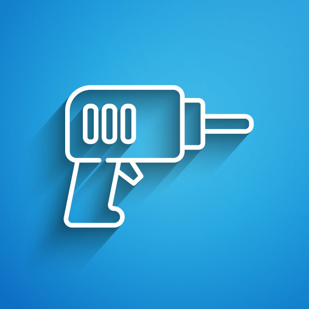 白线电钻图标孤立在蓝色背景。修复工具。长长的阴影。向量图片下载