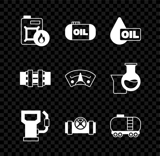 设置汽油罐，油罐储存，下降，汽油加油站，金属管道和阀门，铁路水箱，和汽车仪表图标。向量图片下载