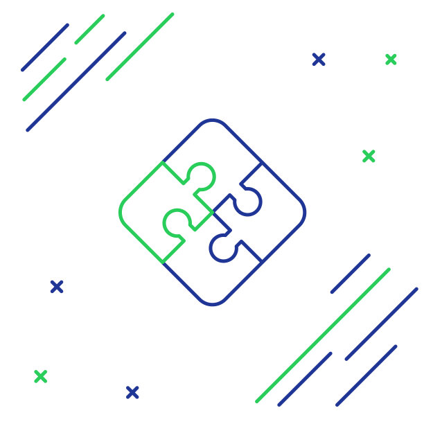 蓝色和绿色线一块拼图图标孤立在白色背景。商业，营销，金融，模板，布局，信息图，互联网概念。色彩斑斓的轮廓的概念。矢量图图片下载