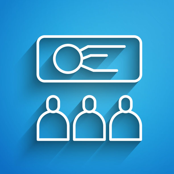 训练，演示图标孤立在蓝色背景上。长长的阴影。矢量图图片下载