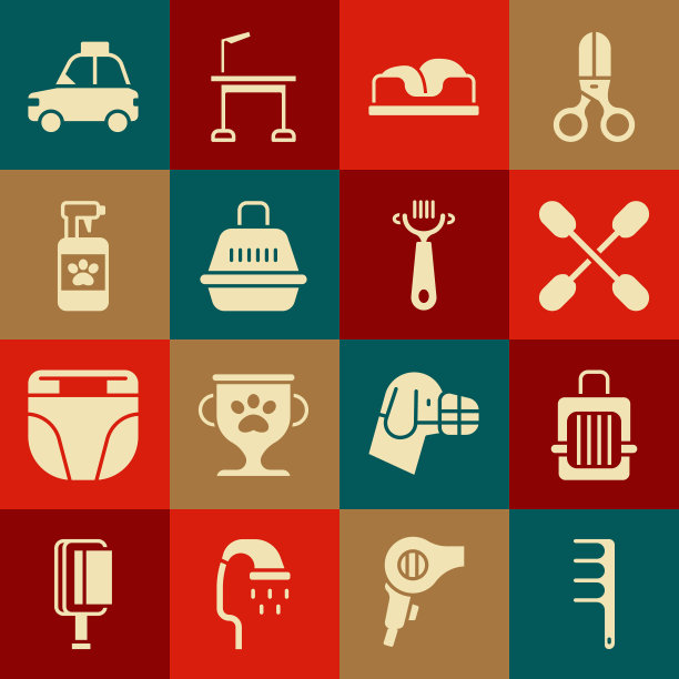 设置毛刷为狗和猫，宠物手提箱，棉签耳朵，床，洗发水，出租车和图标。向量图片下载