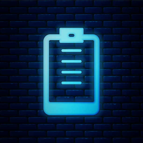 发光霓虹灯剪贴板与清单图标孤立的砖墙背景。控制列表的象征。调查问卷或问卷反馈表。向量图片下载