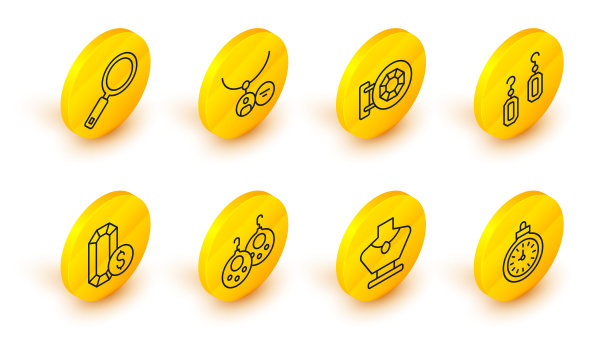 设置线怀表，项链在人体模型，耳环，珠宝网上购物，商店，吊坠项链和放大镜图标。向量图片下载