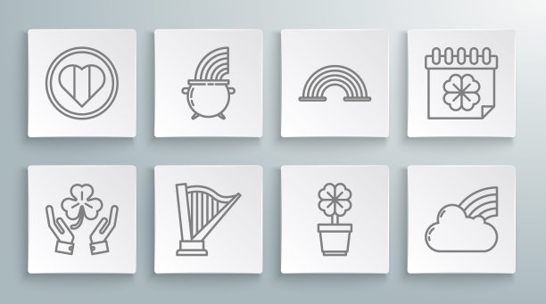 设定线人的手拿四叶三叶草，巫婆锅彩虹，竖琴，四锅，彩虹与云，圣帕特里克日日历和心快乐的图标。向量图片下载
