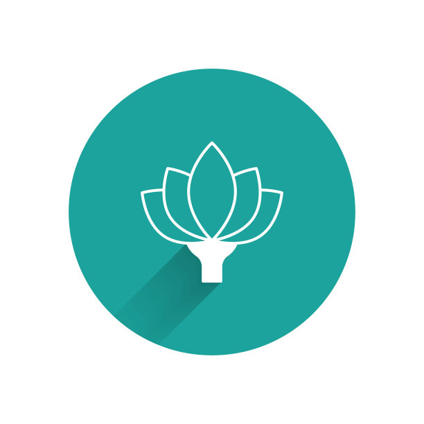 白莲花图标孤立与长影子。绿色圆圈按钮。向量图片下载
