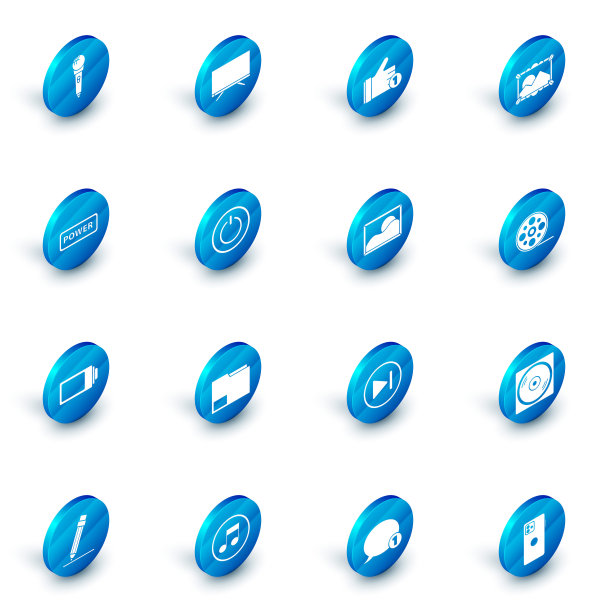 设置智能电视，手像，画面景观，电源按钮，电池充电水平指示器，电影卷轴和图标。向量图片下载