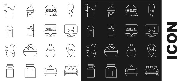 设置线瓶装牛奶在木箱，乳房，字母，玻璃与，婴儿奶瓶，牛奶罐或水壶和图标。向量图片下载