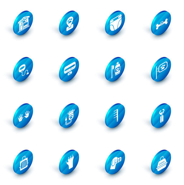 设置位置宠物美容，尿布狗，狗骨，可伸缩绳皮带，医疗橡胶手套，领与名牌，宠物和牙科卫生宠物图标。向量图片下载