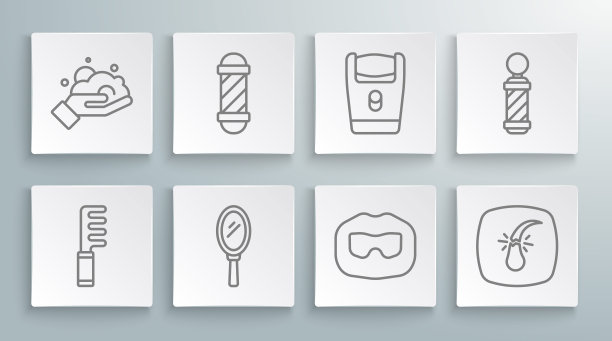 设置线发刷，经典理发店杆，手镜，胡子胡子，破碎的毛囊，电动剃须刀片，和剃须泡沫在手上的图标。向量图片下载