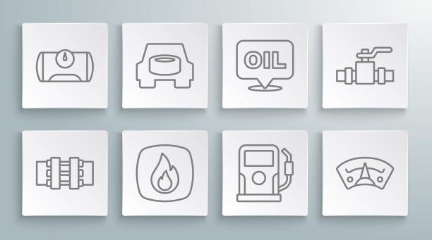 设置线金属管道和阀门，备用车轮在汽车，火焰，汽油或加油站，电机表，字油，和汽车油箱图标。向量图片下载