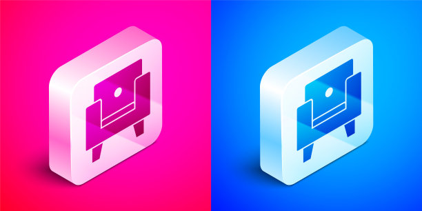 等距扶手椅图标孤立在粉红色和蓝色的背景。银广场按钮。向量图片下载