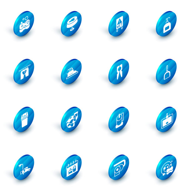 把污渍放在桌布上，湿地板上，一瓶液体肥皂，干衣服，垃圾桶，电熨斗，簸箕和衣服别针图标。向量图片下载