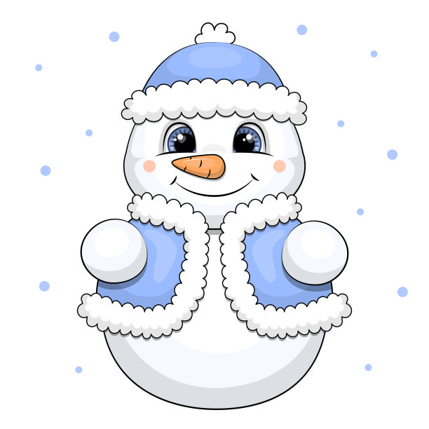可爱的卡通雪人在蓝色的帽子和背心。图片下载