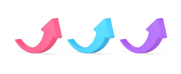 收集红色，蓝色和紫色圆圈箭头指向上三维等距图标矢量插图图片下载