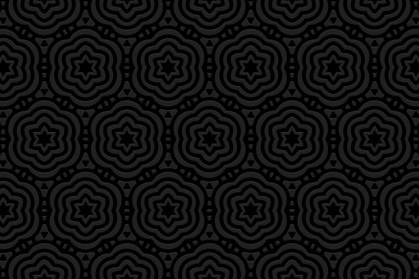 浮雕黑色背景设计。纹理与几何体积凸出民族花卉三维图案。图片下载