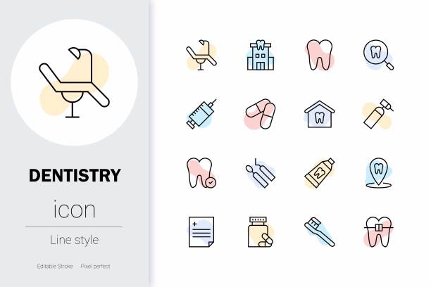 牙科，细线矢量图标集。图片下载