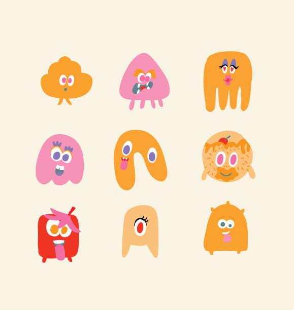 手绘可爱的小涂鸦怪兽。愉快的面对感情。彩色大向量集。时髦的儿童插画。所有元素在光背景上是隔离的图片下载