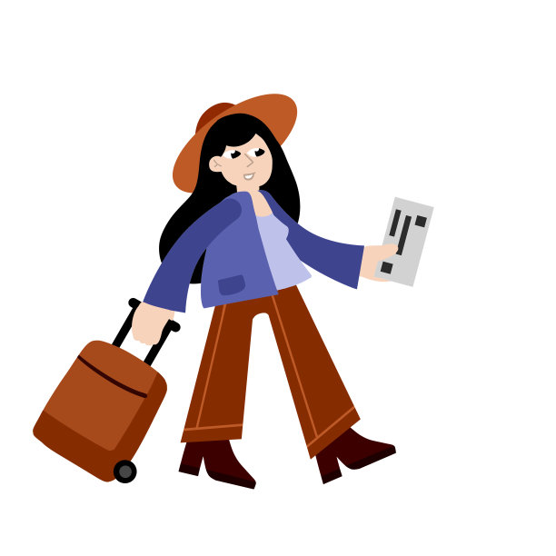 女人在机场。拿手提箱的女孩很匆忙。女性角色去度假。行李和行李。票。平面卡通孤立在白色图片下载