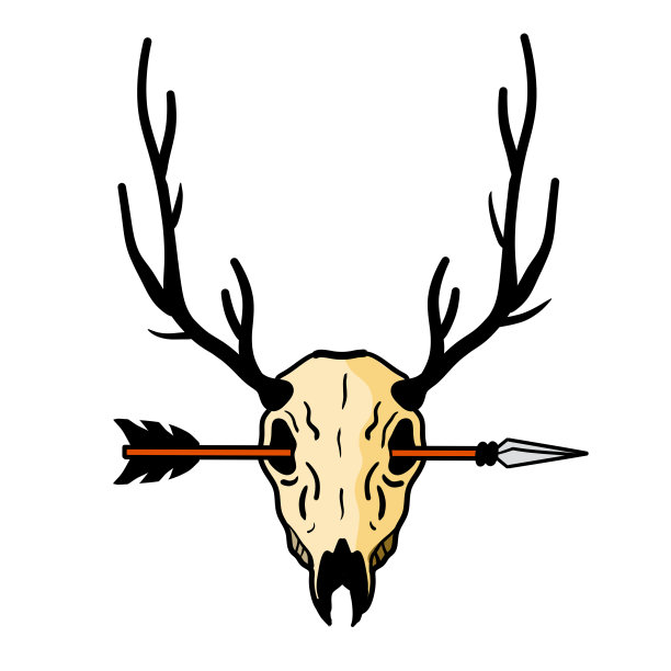 头上有箭的鹿的头骨。有角的狩猎战利品。被爆头的牡鹿或驯鹿的鹿角。万圣节可怕的黑白画。图片下载