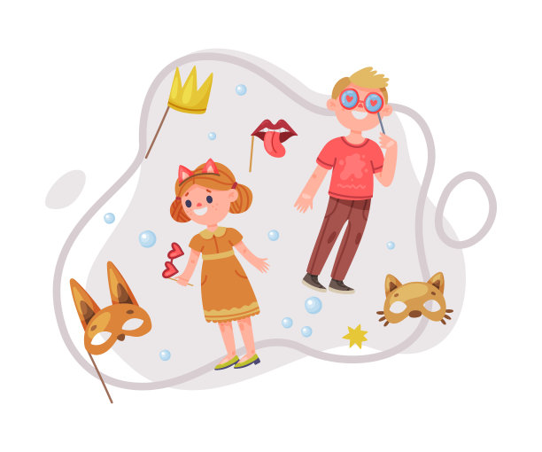 小男孩和女孩角色穿着派对生日照片展台道具站立和微笑矢量插图图片下载