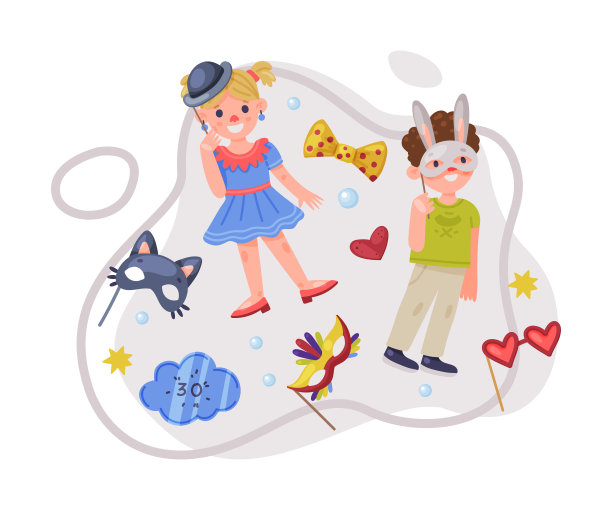 小男孩和女孩角色穿着派对生日照片展台道具站立和微笑矢量插图图片下载